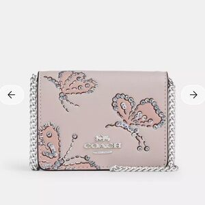 🌸New Coach Mini Wallet On A Chain With Sparkly Butterfly Print&Silver Hardware